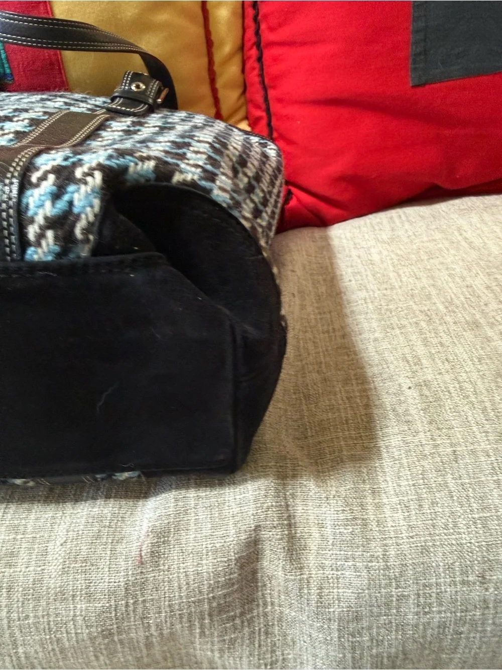 Houndstooth Pattern Tote Bag with Black Leather Trim